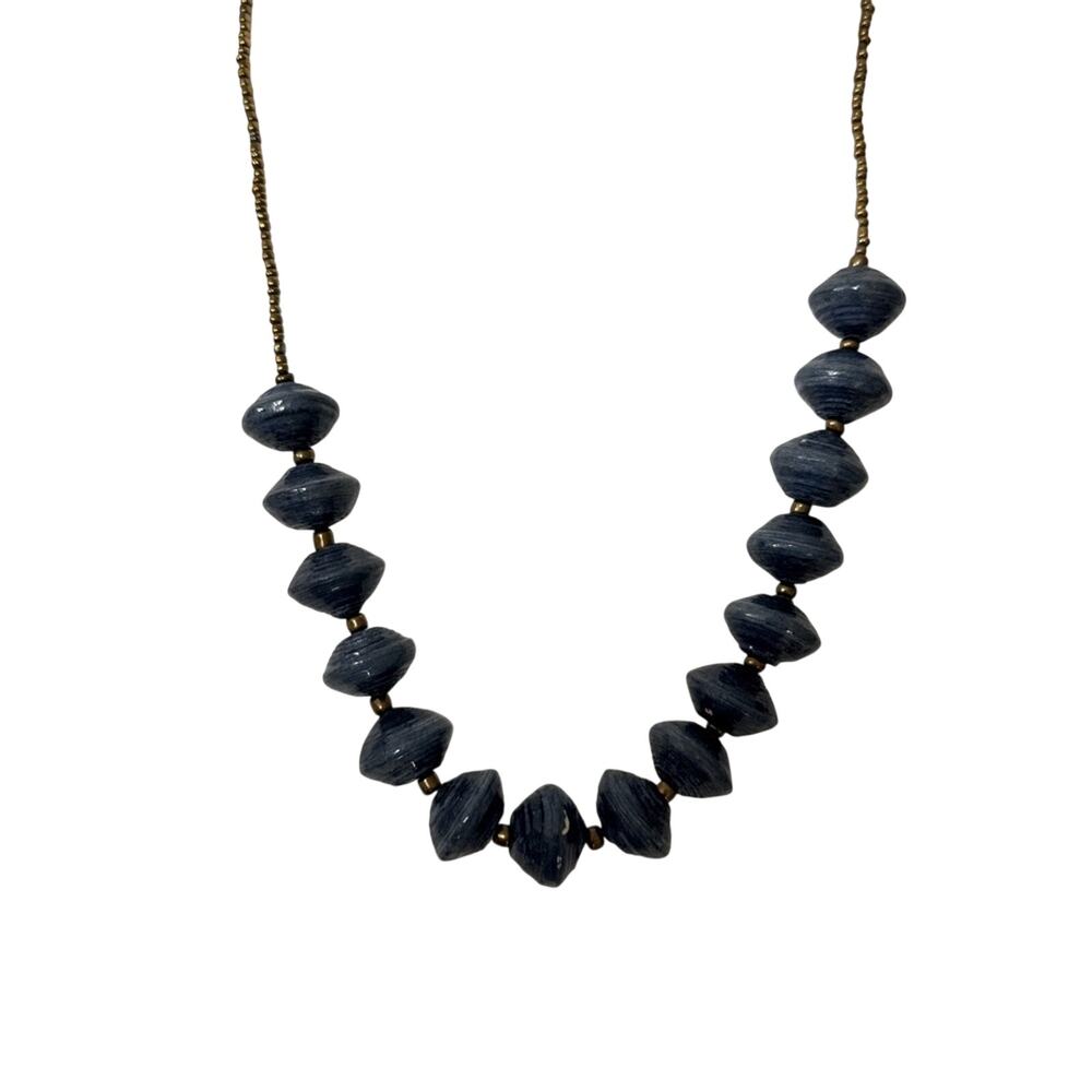 Vintage Blue Wood Bead Necklace Womens Gold
